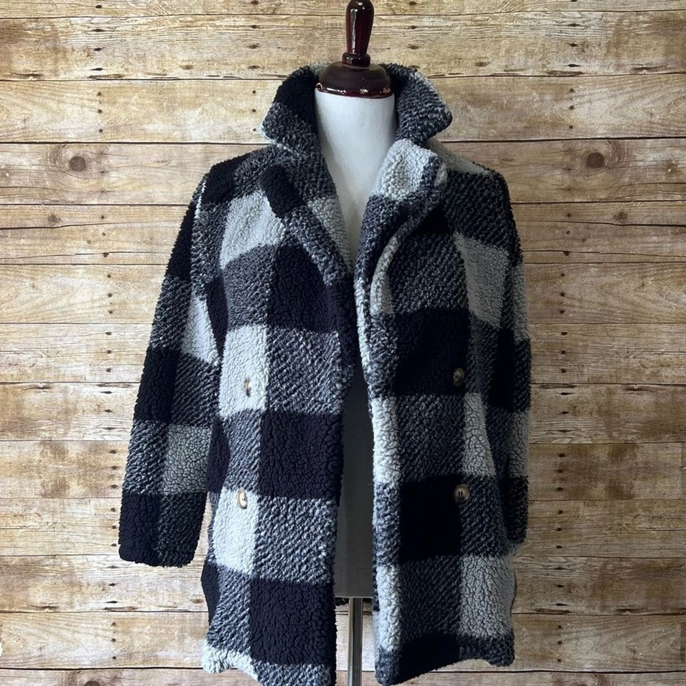 Shein Women Black Grey Buffalo‎ Plaid Teddy Coat Faux Shearling Jacket Size XS 2